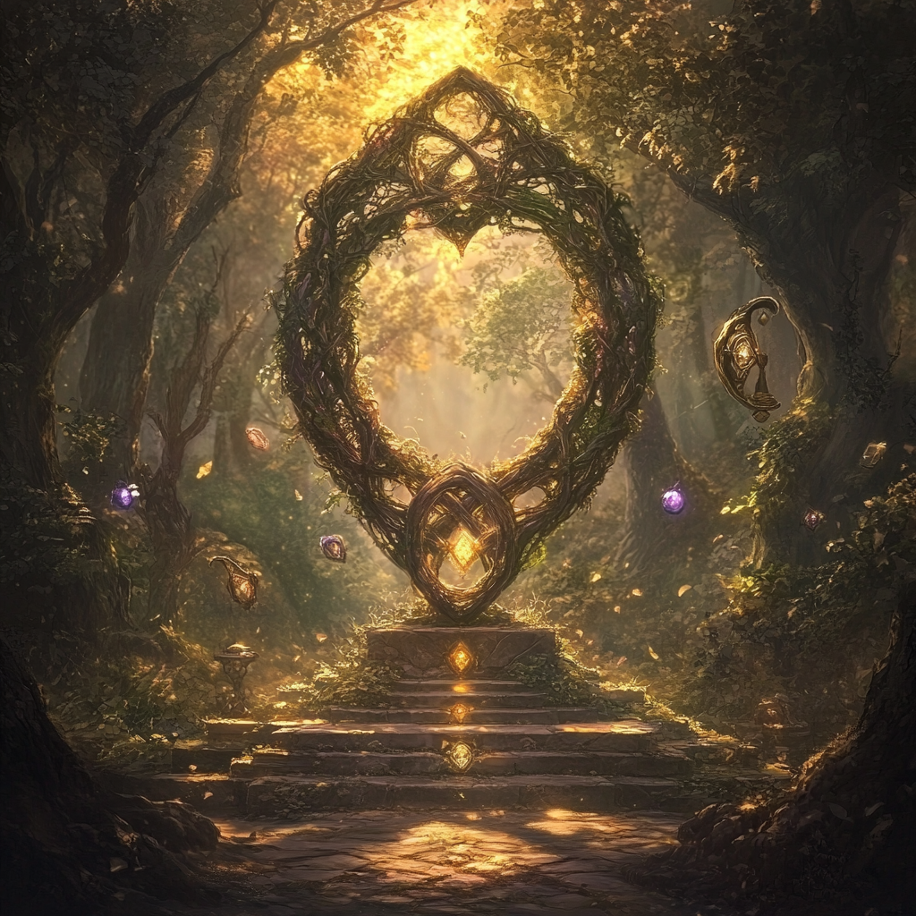 Mystical altar with infinity loop, in enchanted forest.