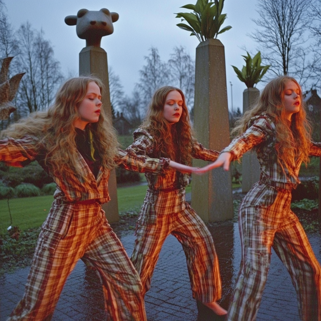 Mystical evening photoshoot with surreal concrete statues, melancholic sisters.