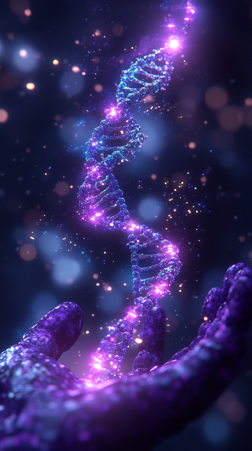 Mystical figure holds glowing DNA helix in cosmos.