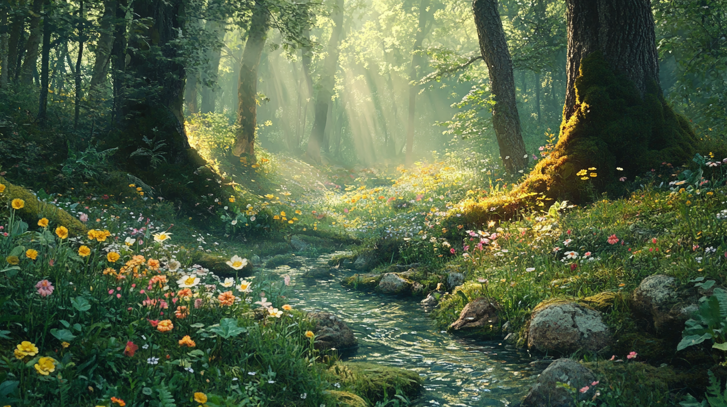 Mystical forest scene with sunlight, stream, trees, wildflowers.