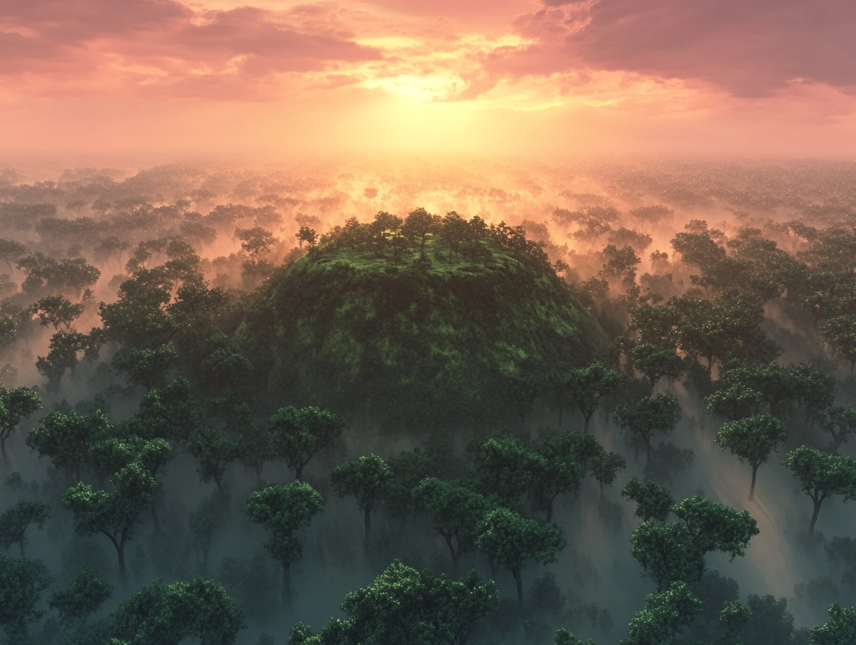 Mystical forest with massive trees and stone hill.