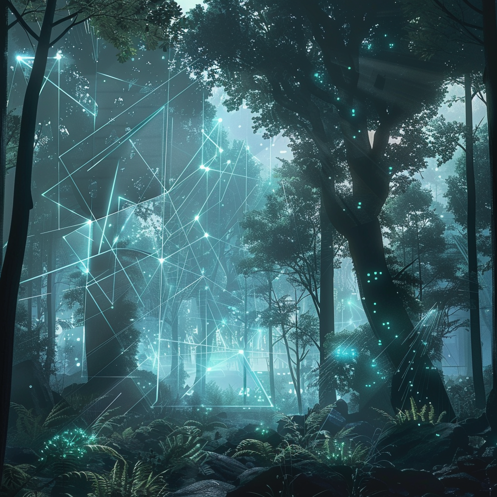 Mystical forest with nature and technology glowing together.