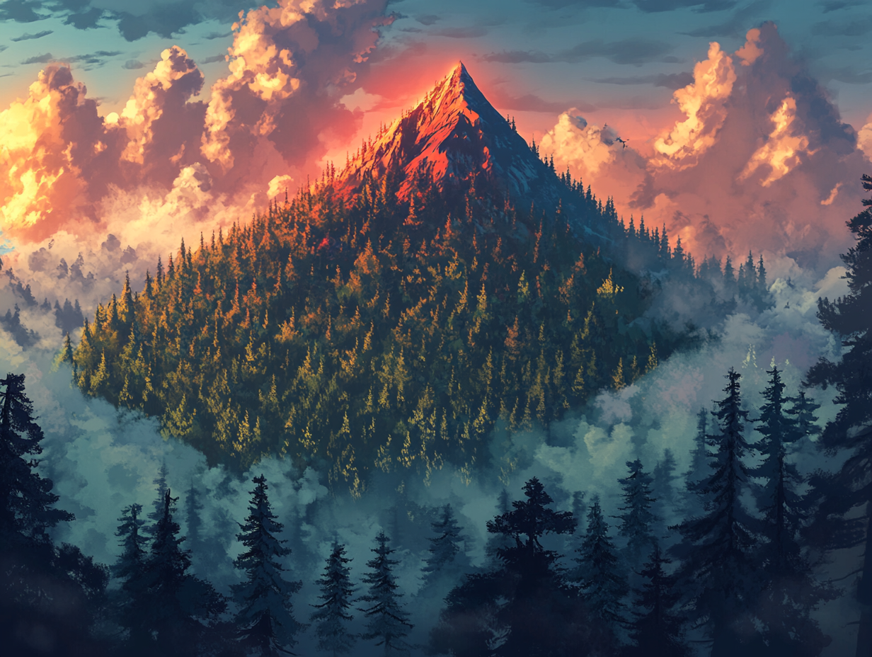 Mystical forest with tall trees and red peak