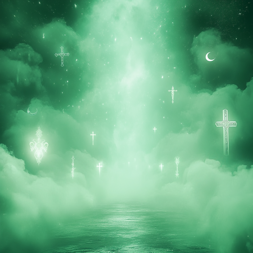 Mystical green screen with religious symbols in space