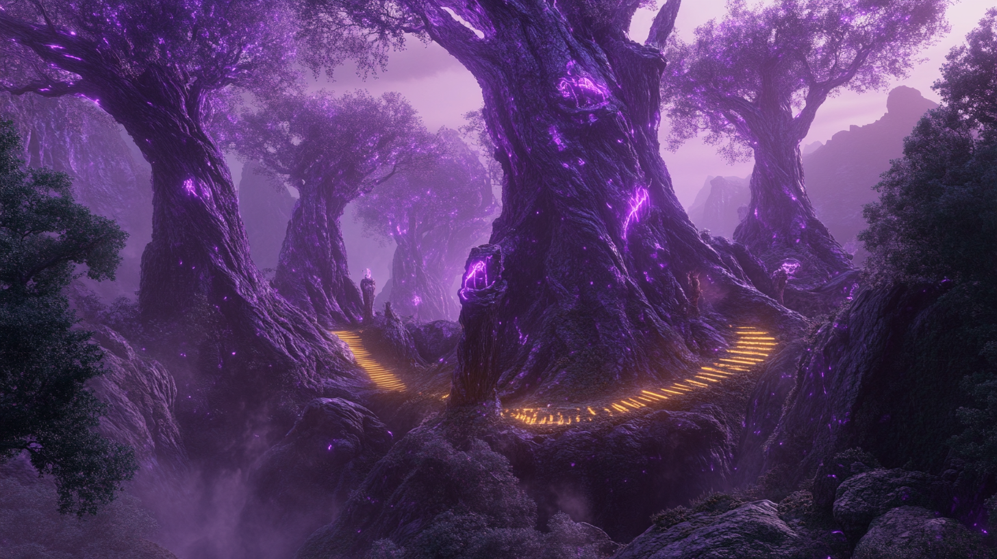 Mystical land, towering purple forests meets alien technology.