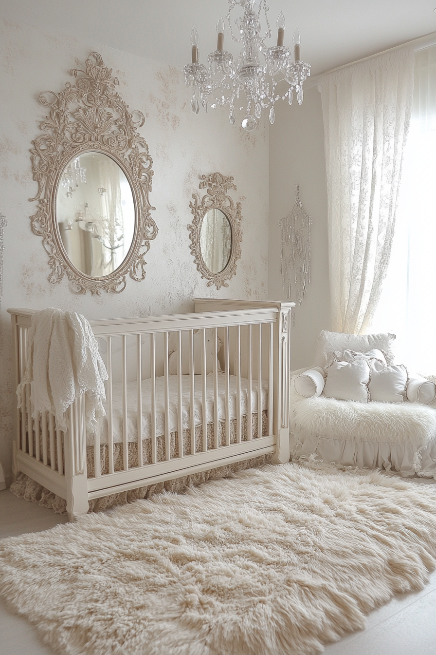 Mystical nursery adorned with ornate mirrors in bright space.