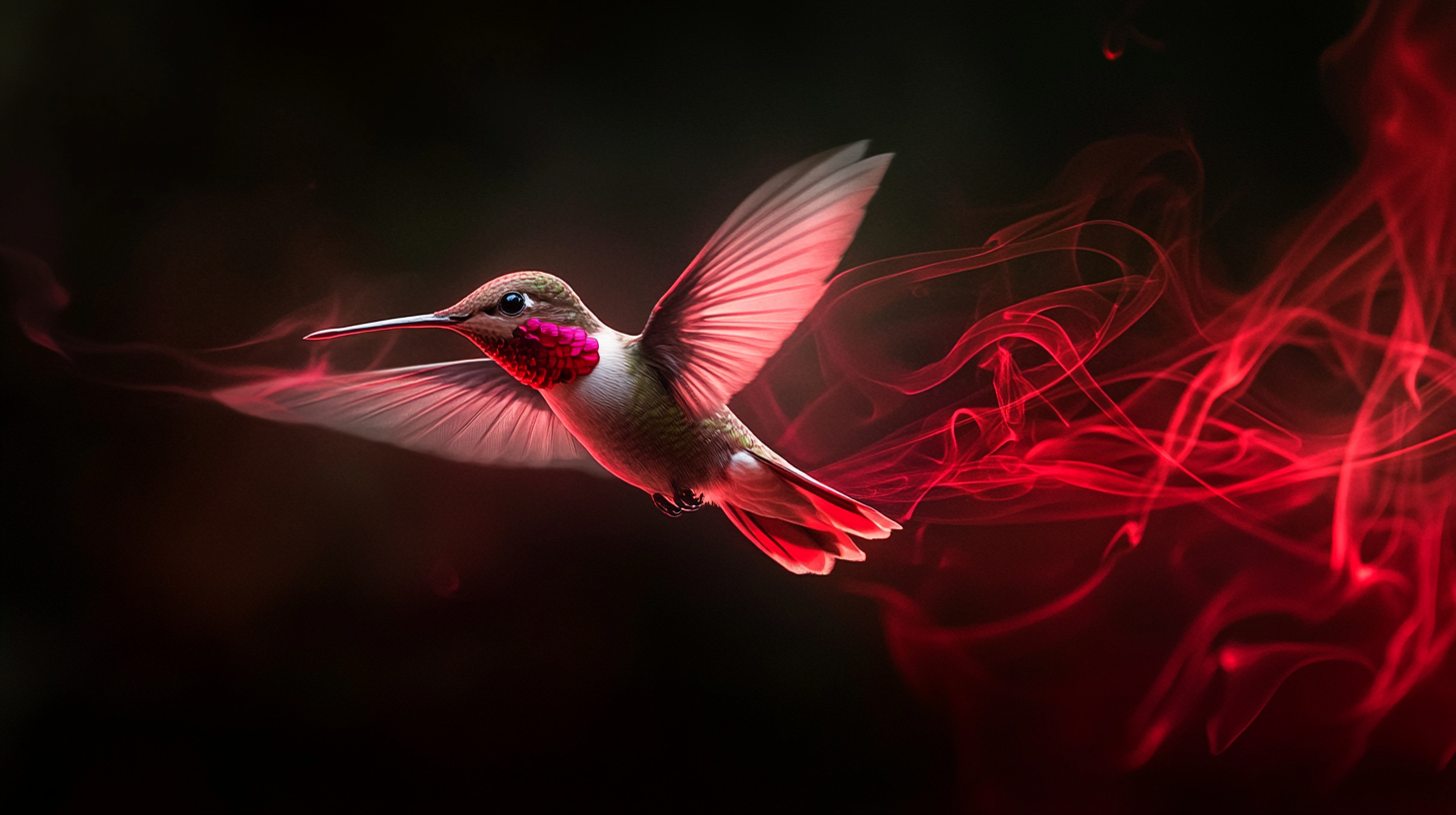 Mystical red hummingbird hovers in blur motion, red aura.