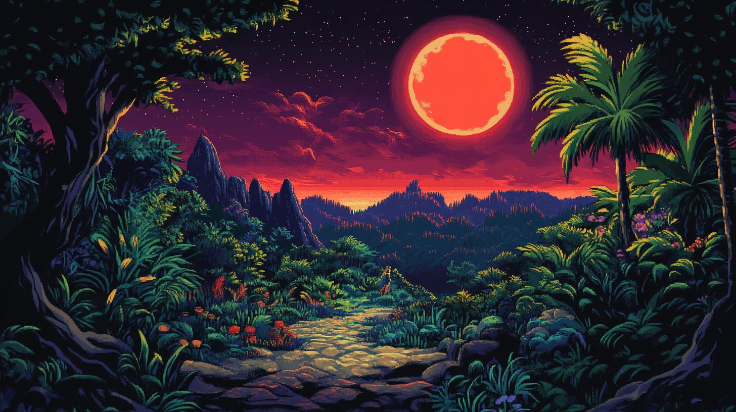 Mystical red moonlit forest with alien plants