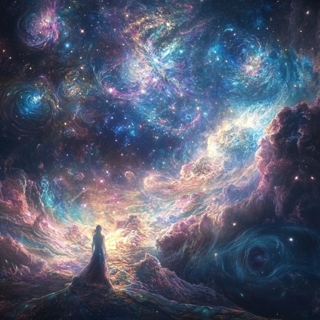 Mystical sky with galaxies, moons, planets, and figures.