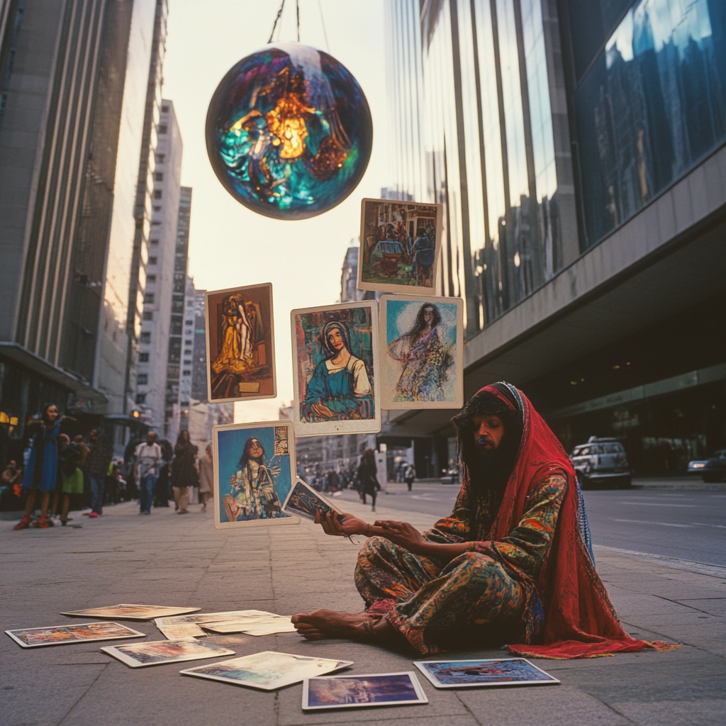 Mystical tarot reader in urban São Paulo setting