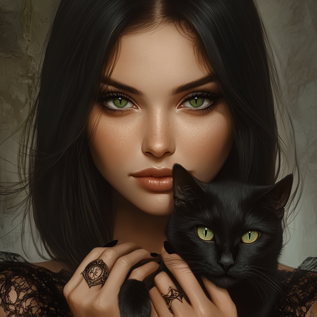 Mystical witch-priestess with captivating green eyes holding black cat.