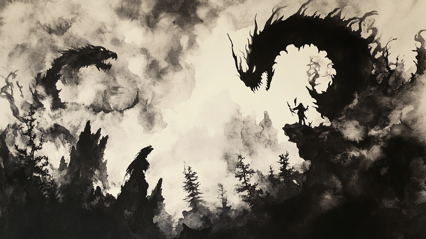 Mythical Creatures in Dark Moody Wilderness, 16:9 Art