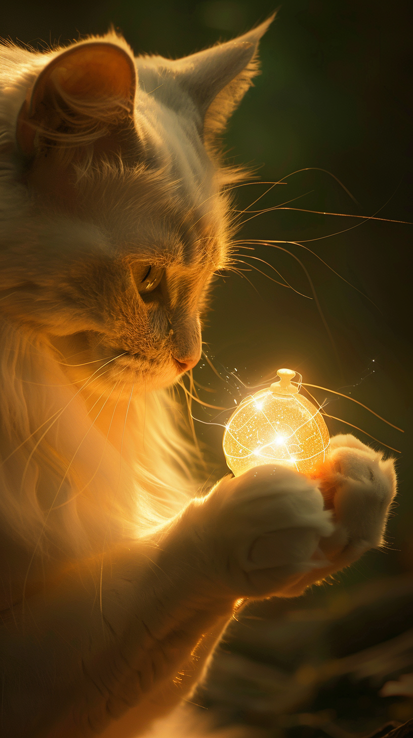 Mythical creature gives glowing amulet to white cat