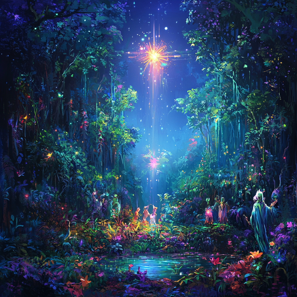 Mythical journey in forest seeking bright star