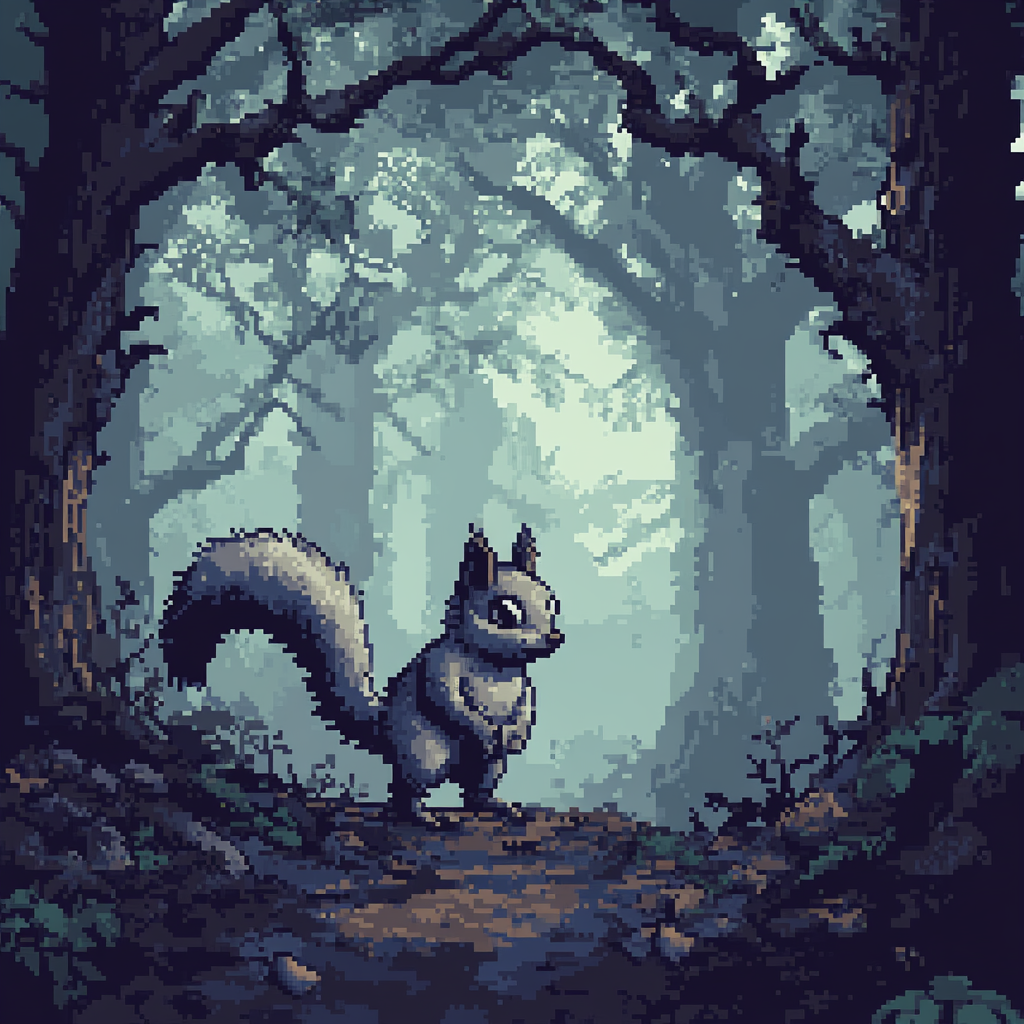 N64-style graphics of humanoid squirrel in eerie forest.