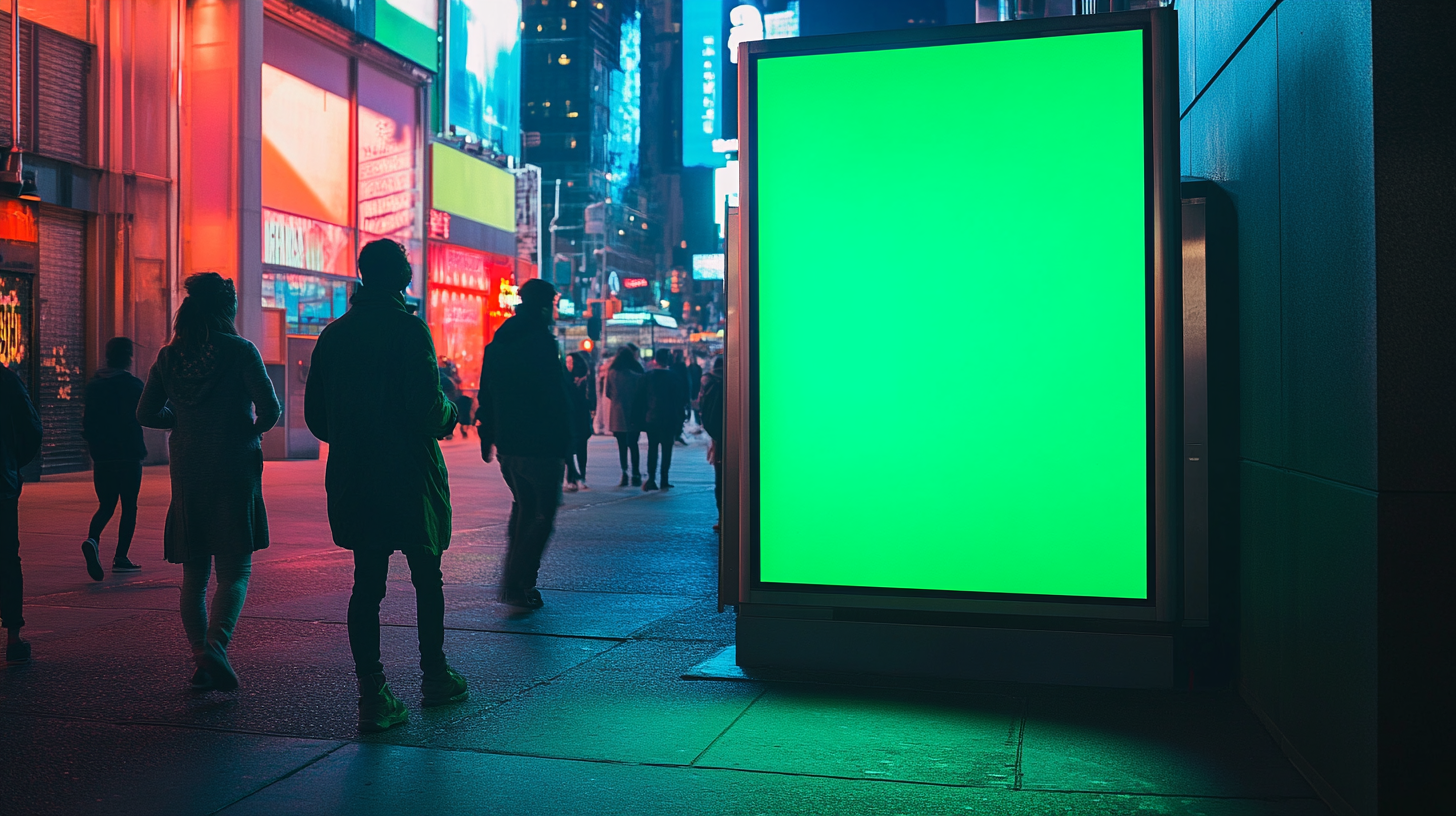 NYC nightlife area, vertical blank billboard, young people.