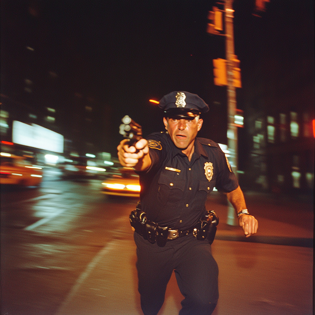 NYPD officer running with gun in vintage NYC.