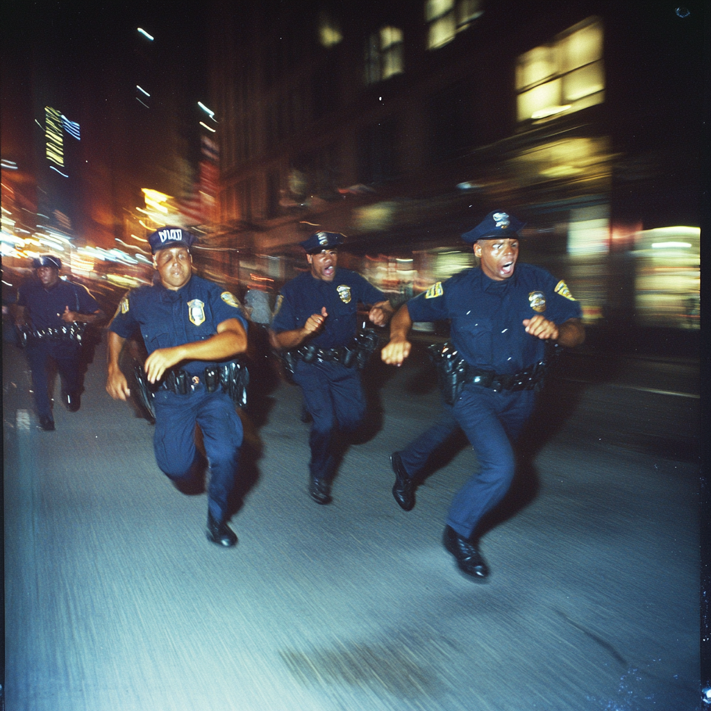 NYPD officers in vintage 2004 photo chasing criminal.