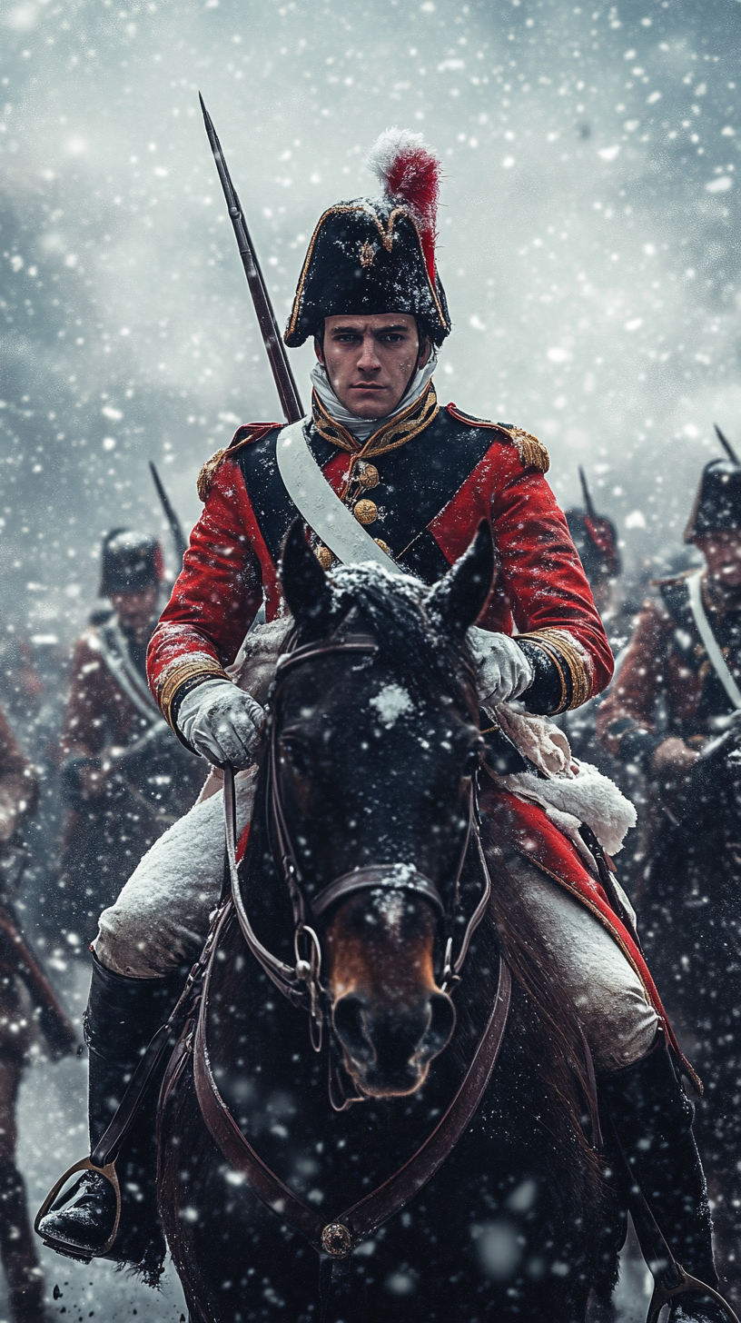 Napoleon Bonaparte leading soldiers on horse in snow.