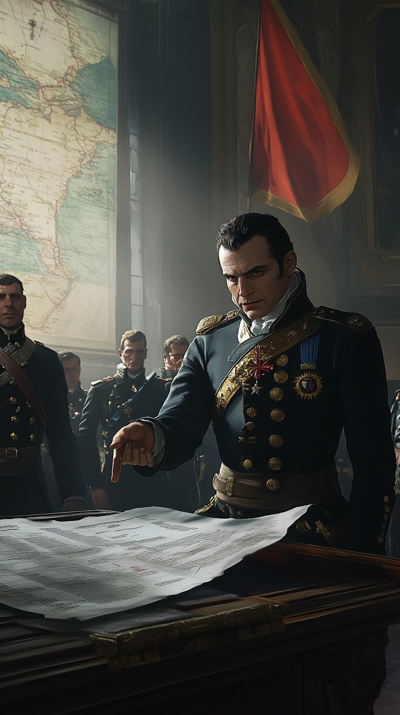 Napoleon pointing at document in strategy room, military uniform.