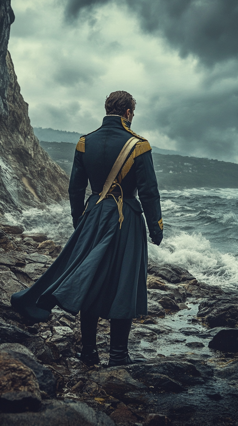 Napoleon standing alone in military coat on rocky shore.