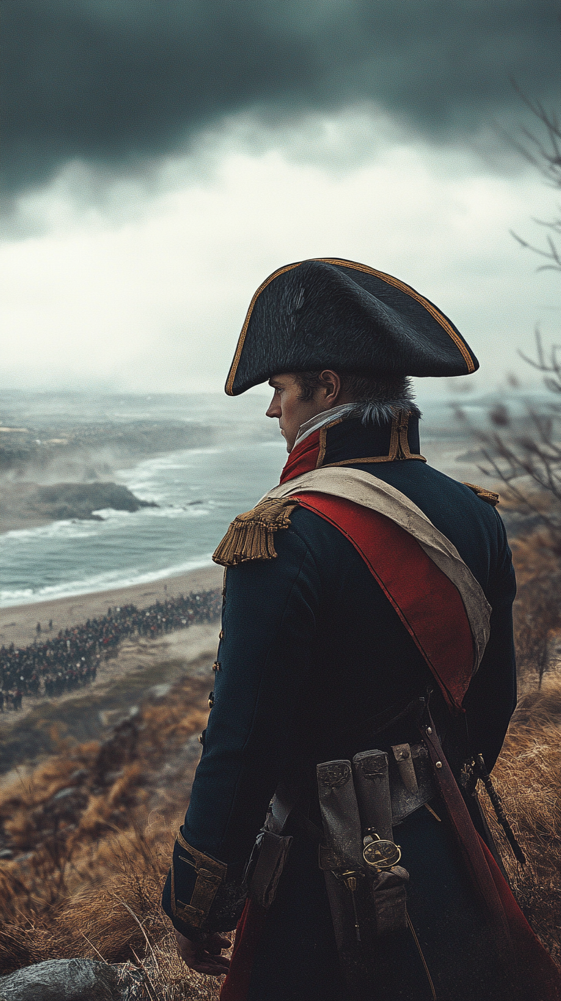 Napoleon standing on hill overlooking beach and troops.