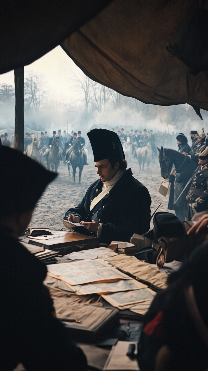 Napoleon talks to officers in military tent, commanding presence.