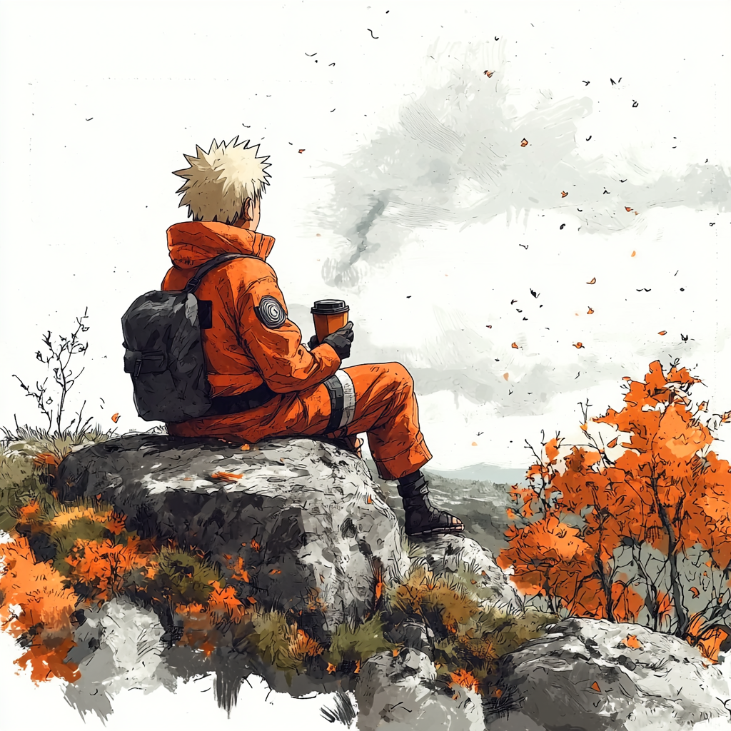 Naruto sitting on rock drinking coffee in Miyazaki style