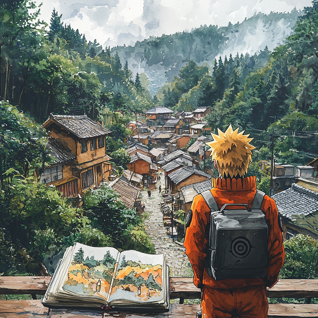 Naruto sketch in Miyazaki style, anime village background