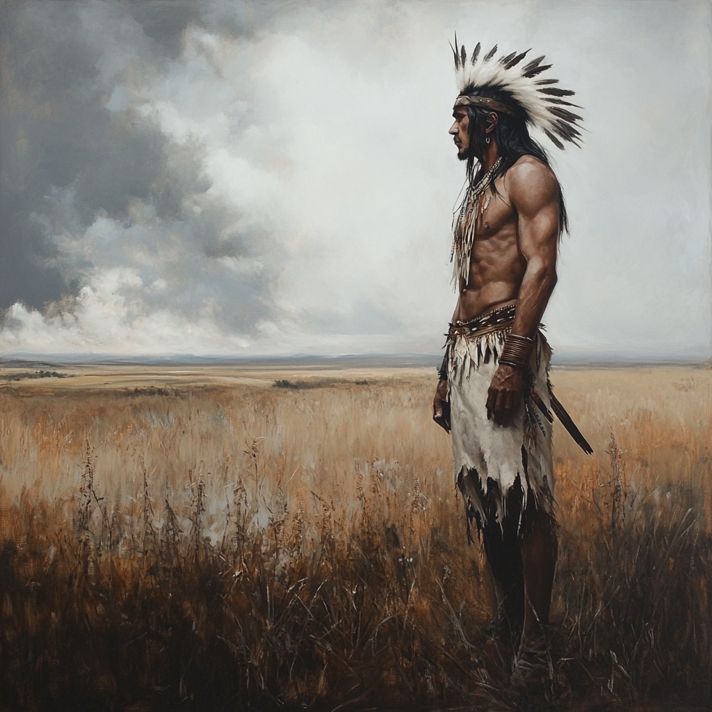 Native American Warrior Oil Painting on Great Plains