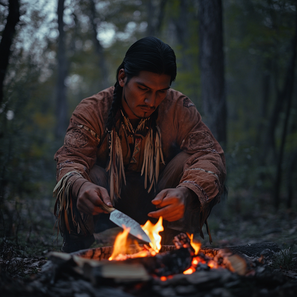 Native American man sharpening knife by fire pit