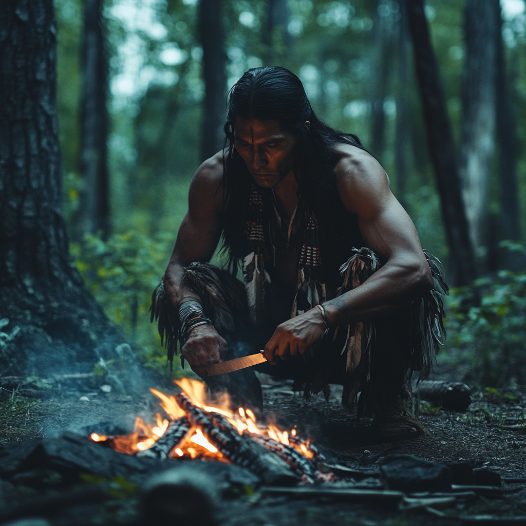 Native American man sharpening knife by firepit forest