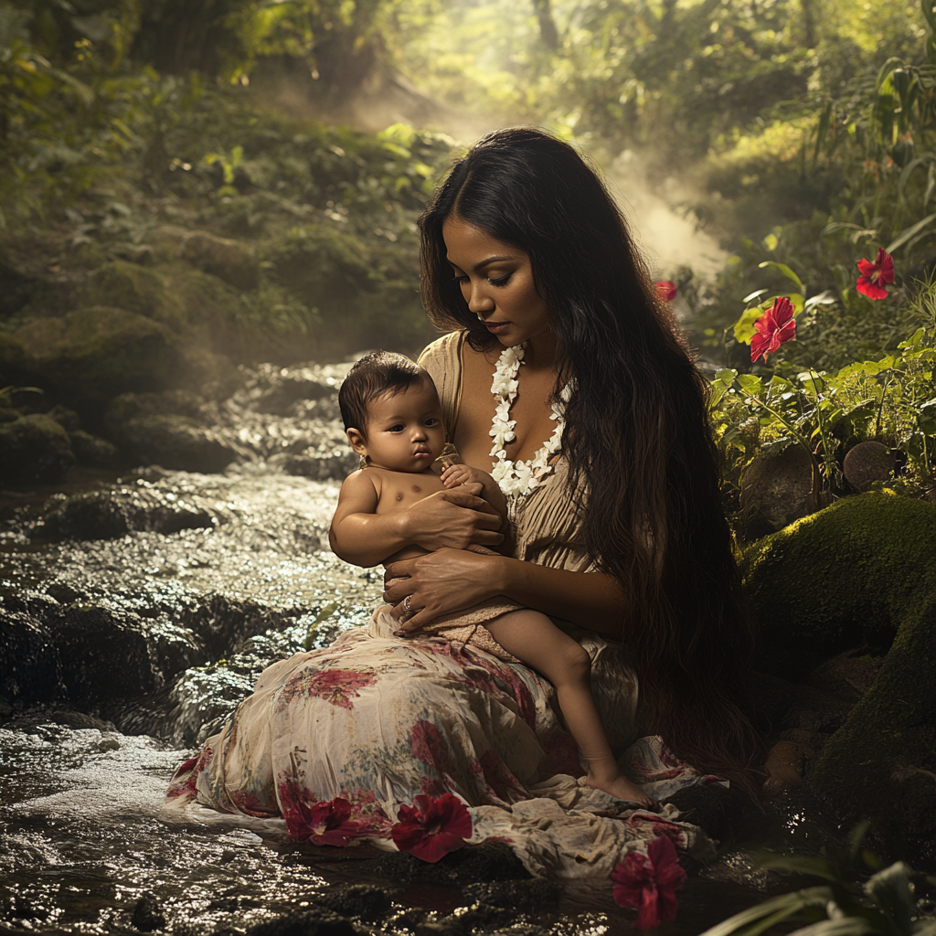 Native Hawaiian woman with long hair holds baby son.