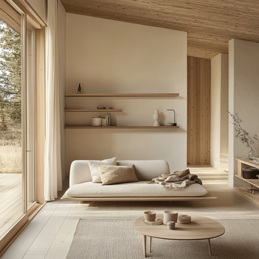 Natural materials, light wood, neutral tones, warmth, openness.