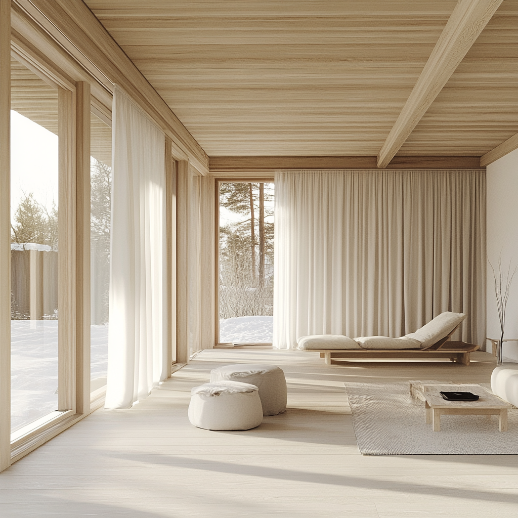 Natural materials, light wood, neutral tones create airy interior.