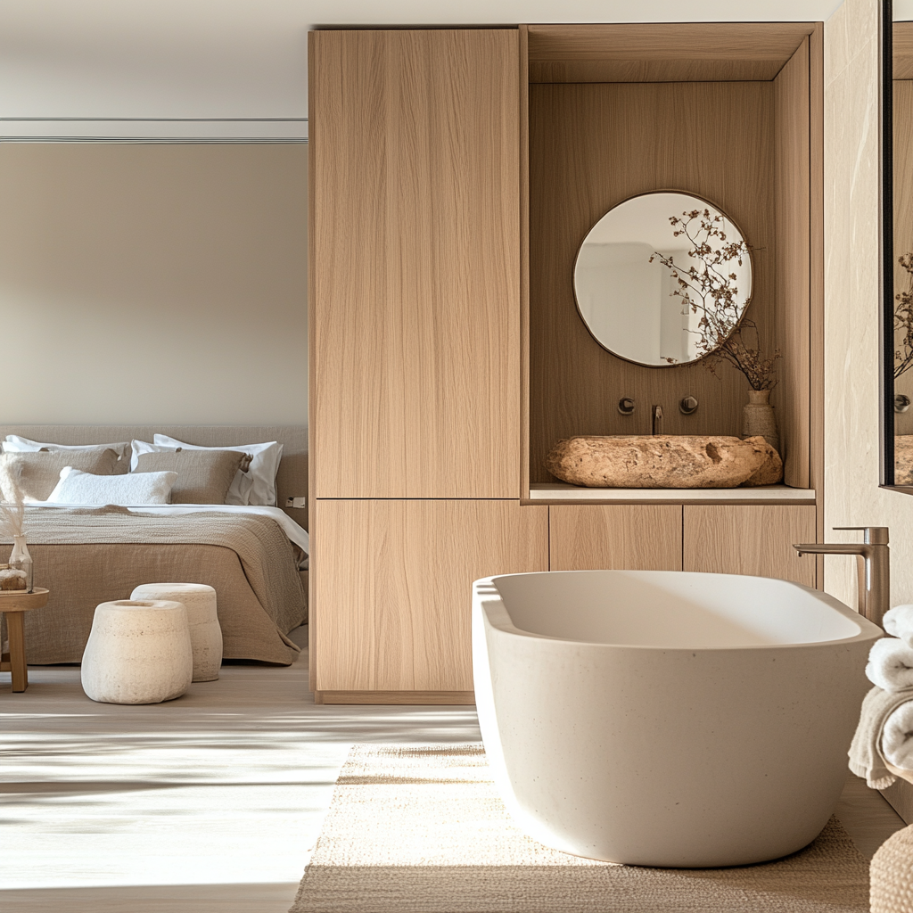 Natural materials create bright, airy feel in master suite.