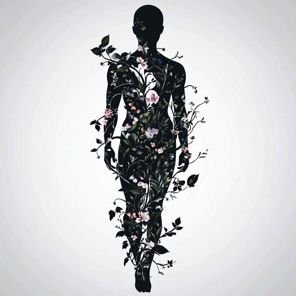 Nature-filled Human Silhouette with Intricate Floral Patterns