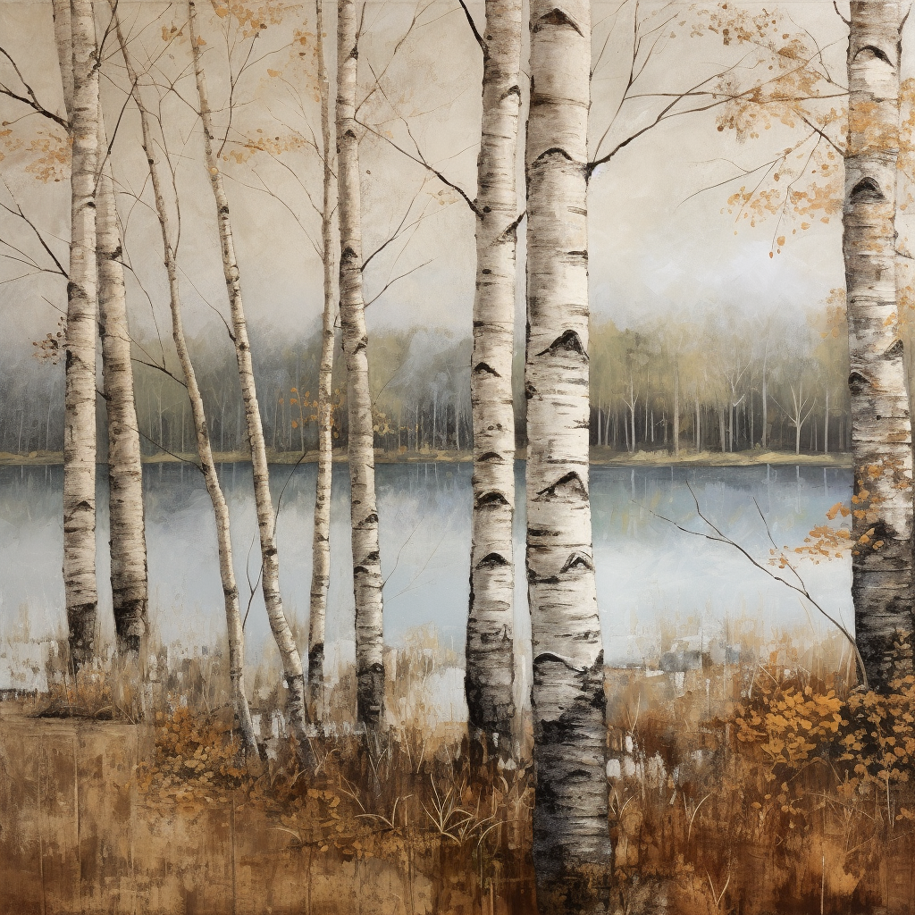 Nature-inspired compositions with distressed birch trees, detailed surfaces