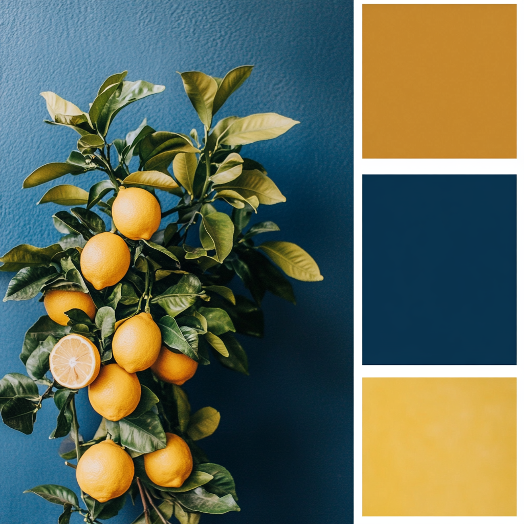 Nature mood board with lemon tree, lush and vibrant.