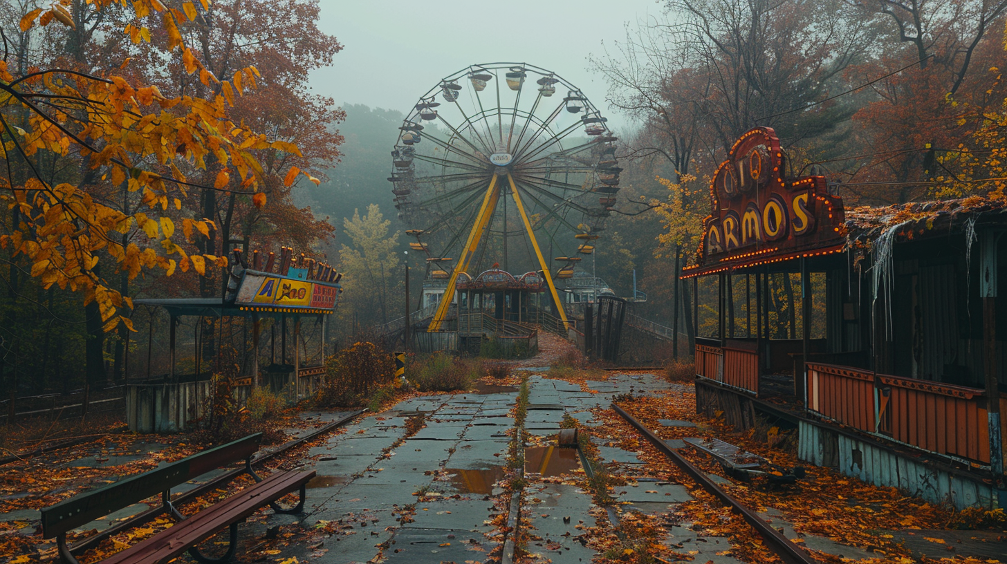 Nature overgrows abandoned amusement park, rides rusted.