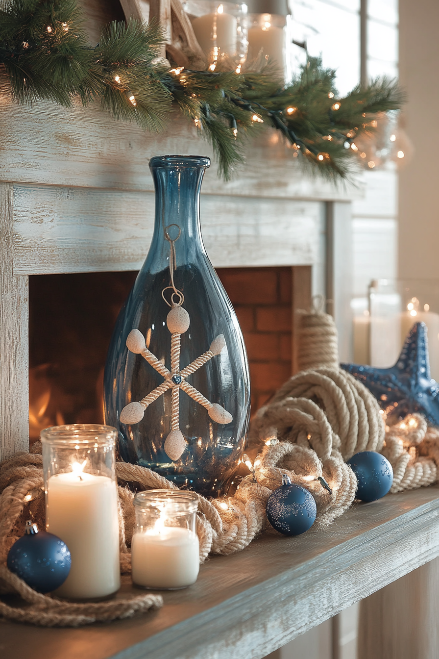 Nautical Christmas Fireplace Decor with Sea-themed Ornaments