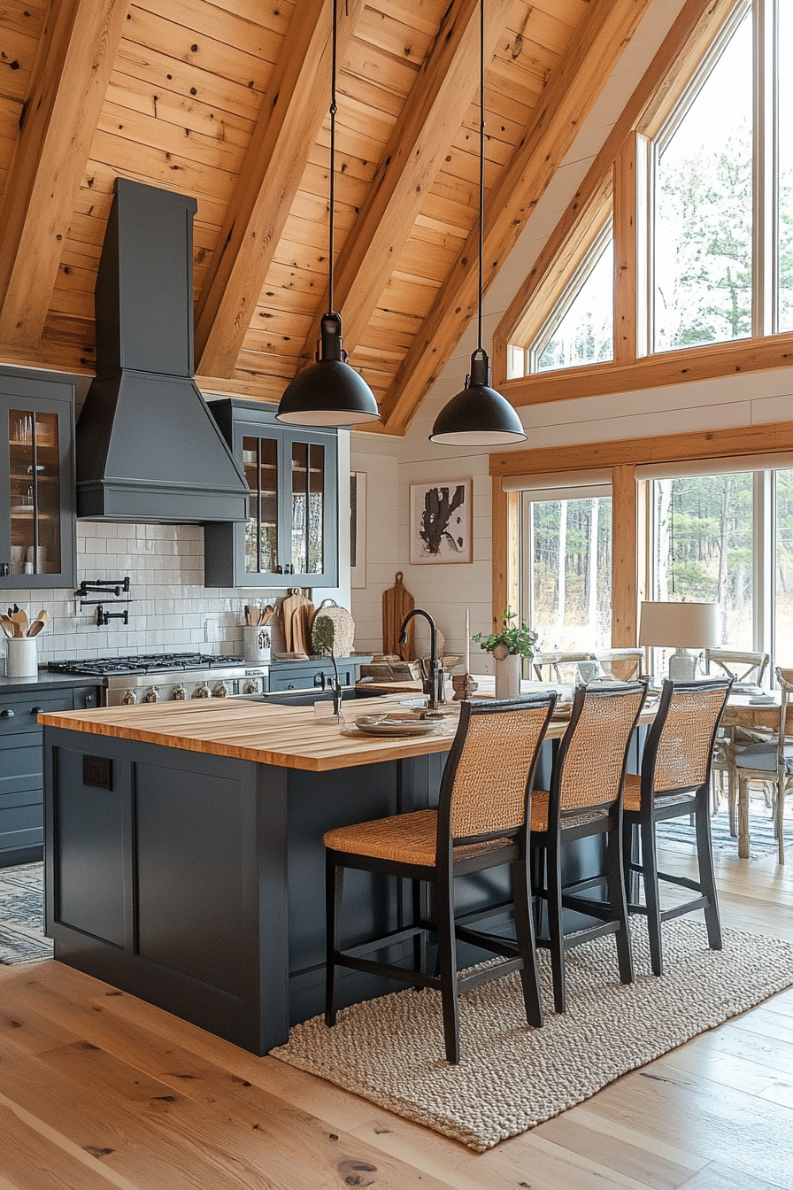 Neat, organized cabin kitchen with integrated dining space.