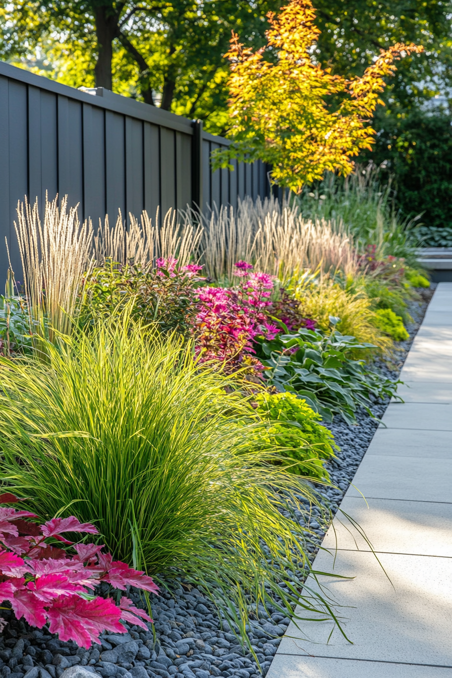 Neat garden with diverse plants, paved walkway and fence.