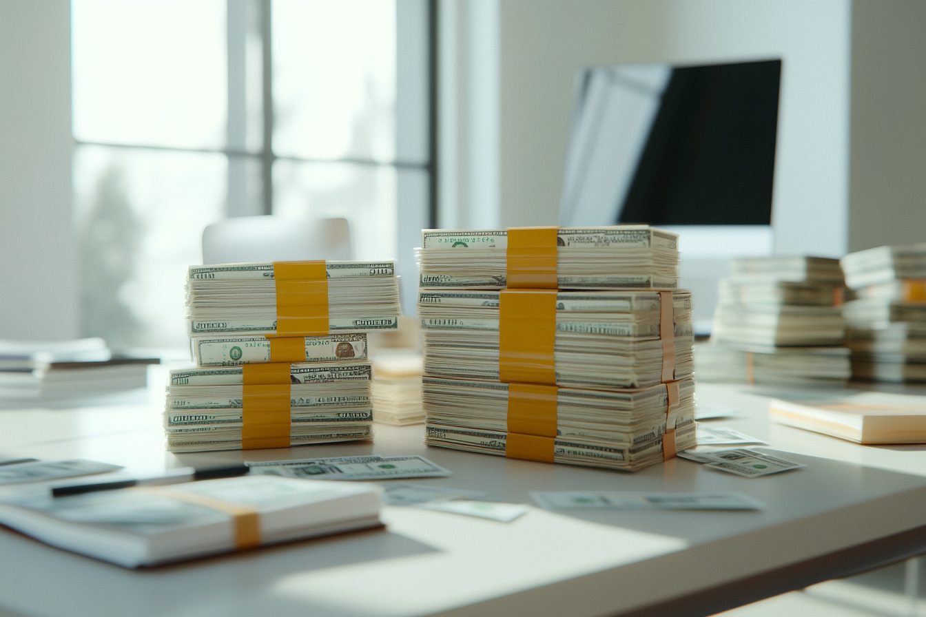 Neat stacks of money on desk in 8K