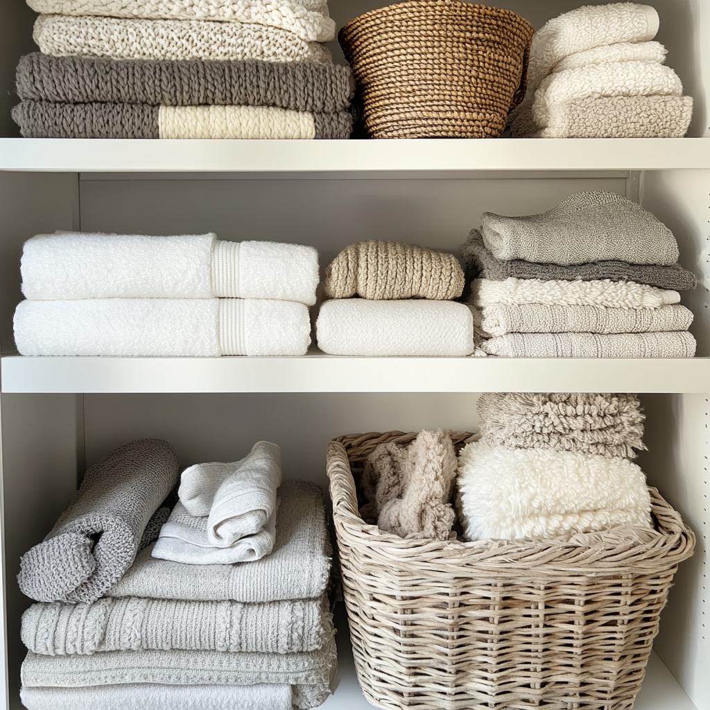 Neatly Organized Shelving Unit with Soft Items