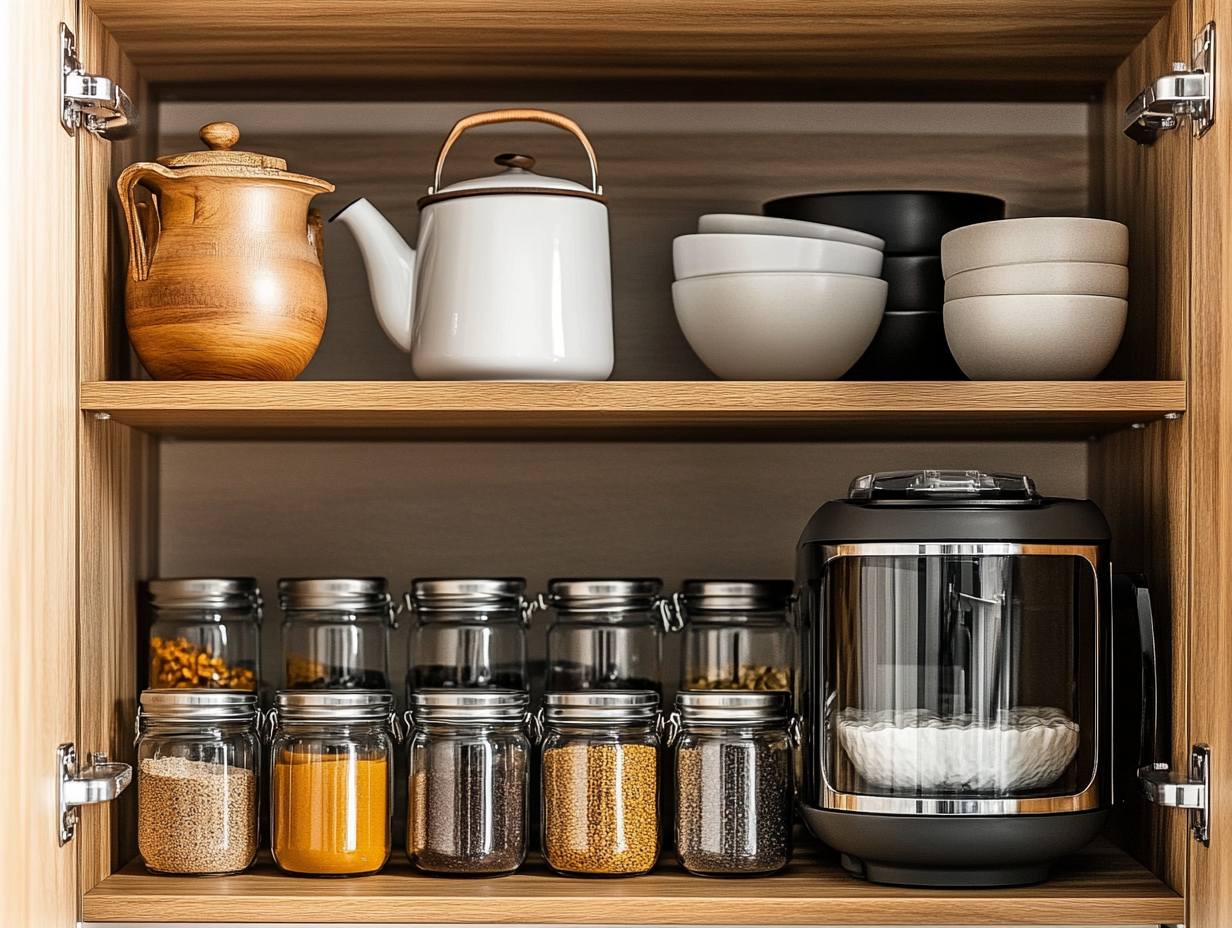 Neatly organized kitchen cabinet with teapot, bowls, slow cooker