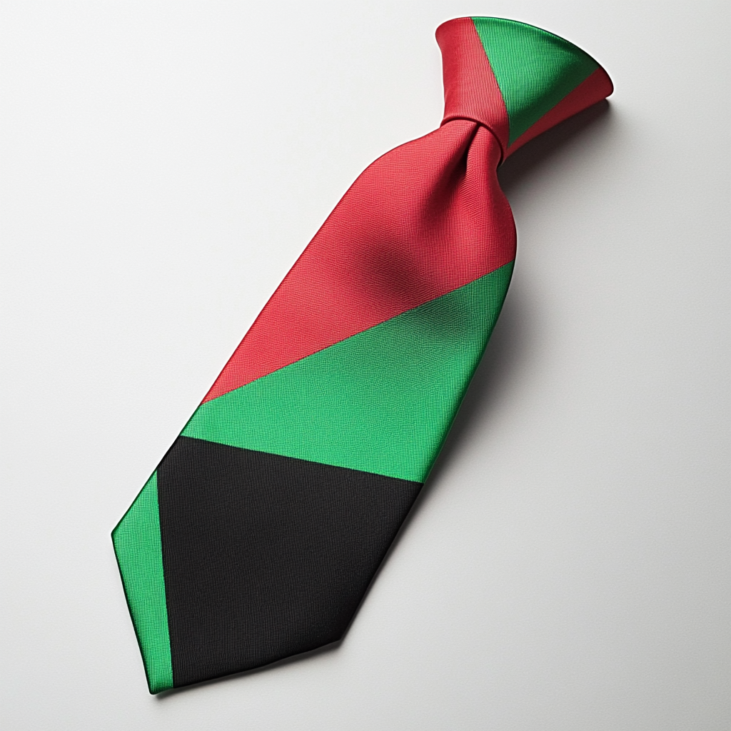 Necktie featuring flag design: red triangle, green & black.