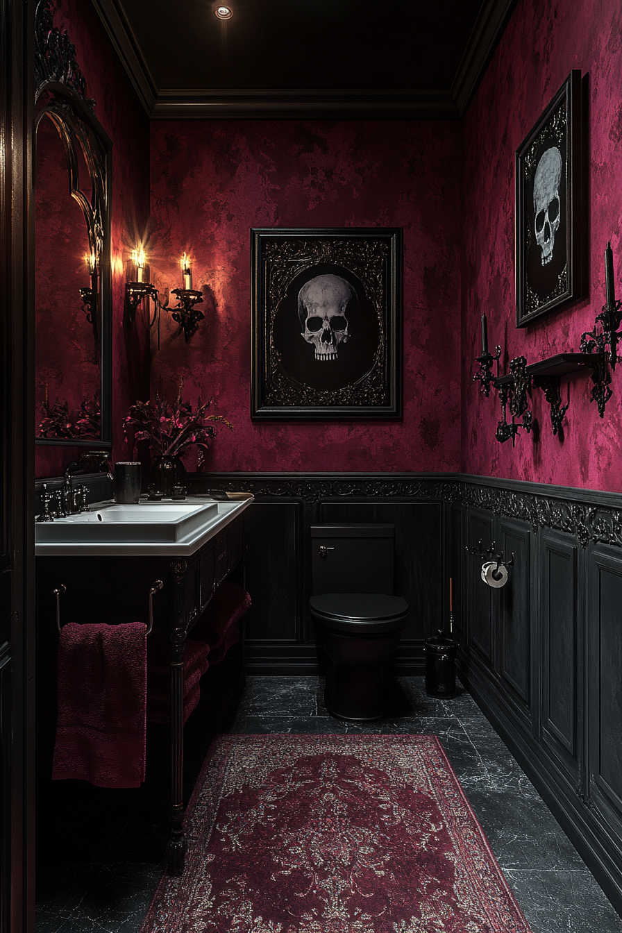 Necromancer’s Nook Gothic bathroom with skull motifs and candles.