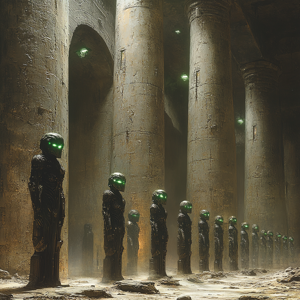 Necron soldiers in ancient glowing tomb formation.