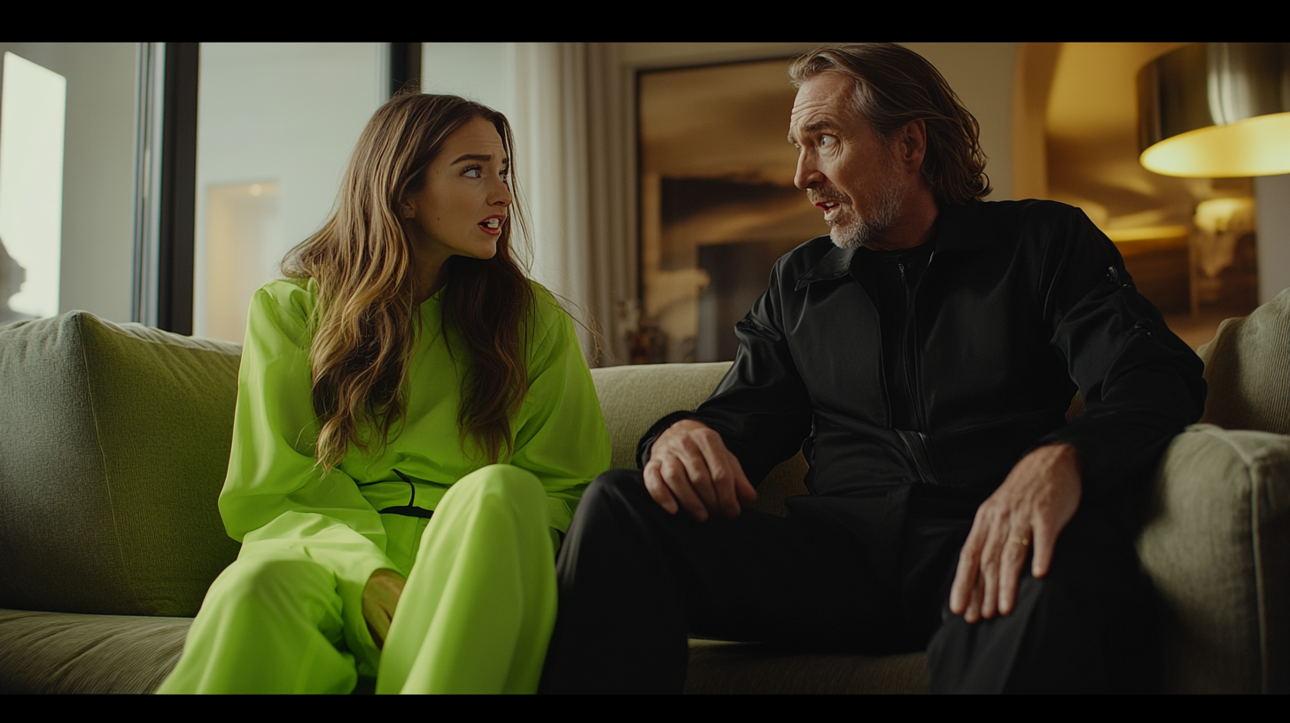 Neon Green Clothes Woman and Black Clothes Man Arguing on Couch in Modern Apartment